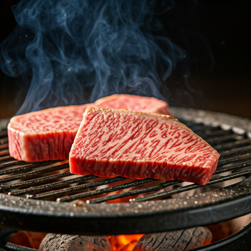 Close-up of premium marbled wagyu beef slices sizzling over glowing orange binchotan charcoal in a dark, atmospheric setting