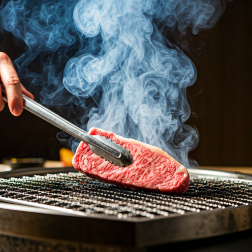 Interior shot of a chef's hand using silver tongs to flip a piece of wagyu on a traditional Japanese grill with subtle smoke