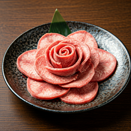 Thinly sliced beef tongue arranged in a floral pattern on a dark ceramic dish
