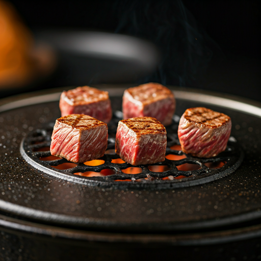 Small cubes of wagyu beef being seared on a dark grill with orange embers beneath