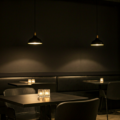 Modern dark restaurant interior with minimalist black tables and warm overhead pendant lighting casting a soft glow