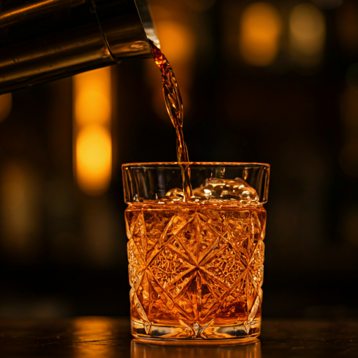 Close-up of a cocktail being poured into a crystal glass in a dark bar setting
