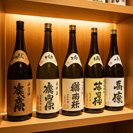 Rows of premium sake bottles on a backlit wooden shelf