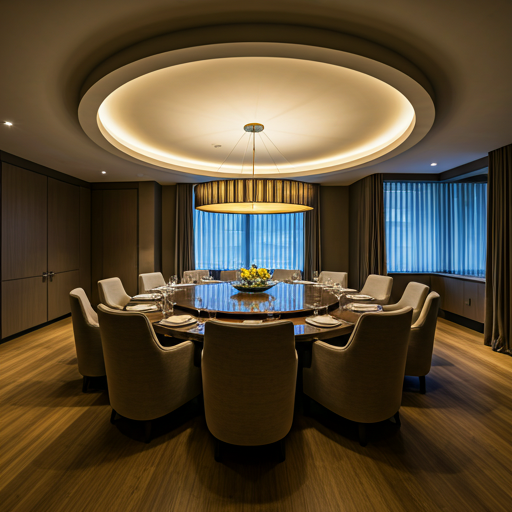 Wide shot of a private dining room with a large round table and a central circular light fixture